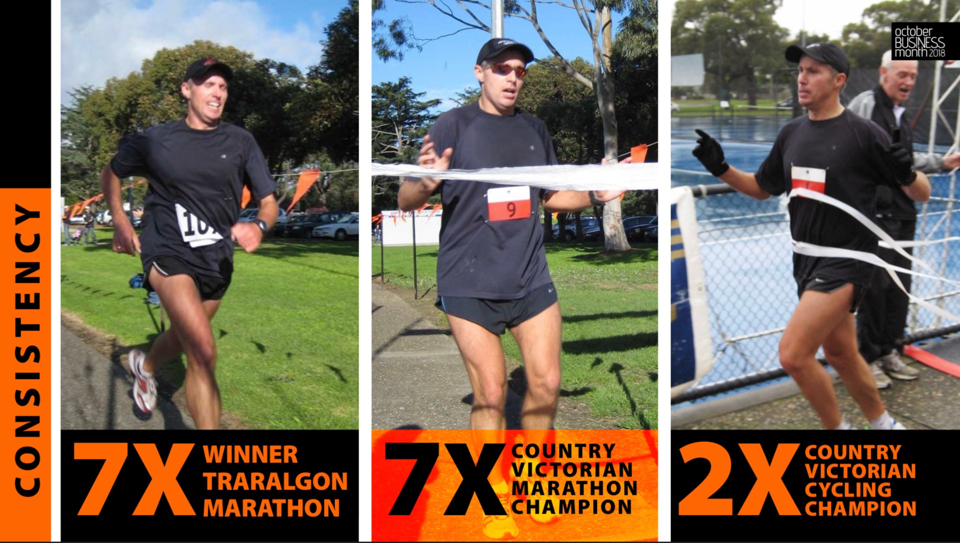 Championship record — 7x Traralgon Marathon winner, 7x Country Victorian Marathon Champion, 2x Country Victorian Cycling Champion