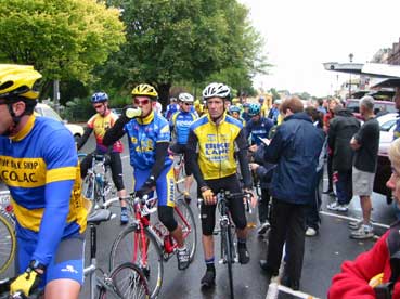 John Mackenzie at a cycling race start with the peloton