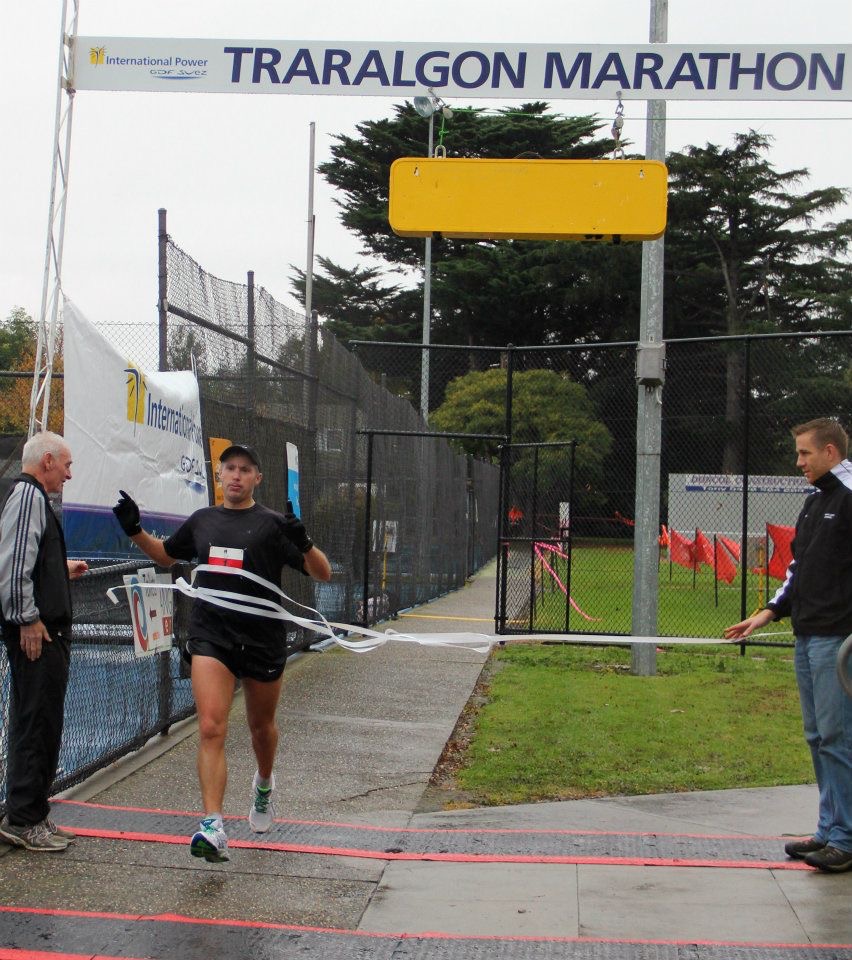 John Mackenzie crossing the finish line at the Traralgon Marathon