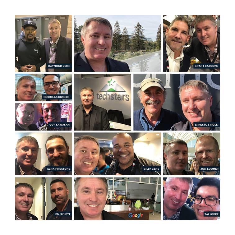 Composite of mentors and coaches including Daymond John, Grant Cardone, Guy Kawasaki, Ernesto Sirolli, Ezra Firestone, Billy Gene, Jon Loomer, Ed Mylett, Tai Lopez, and Nicholas Kusmich
