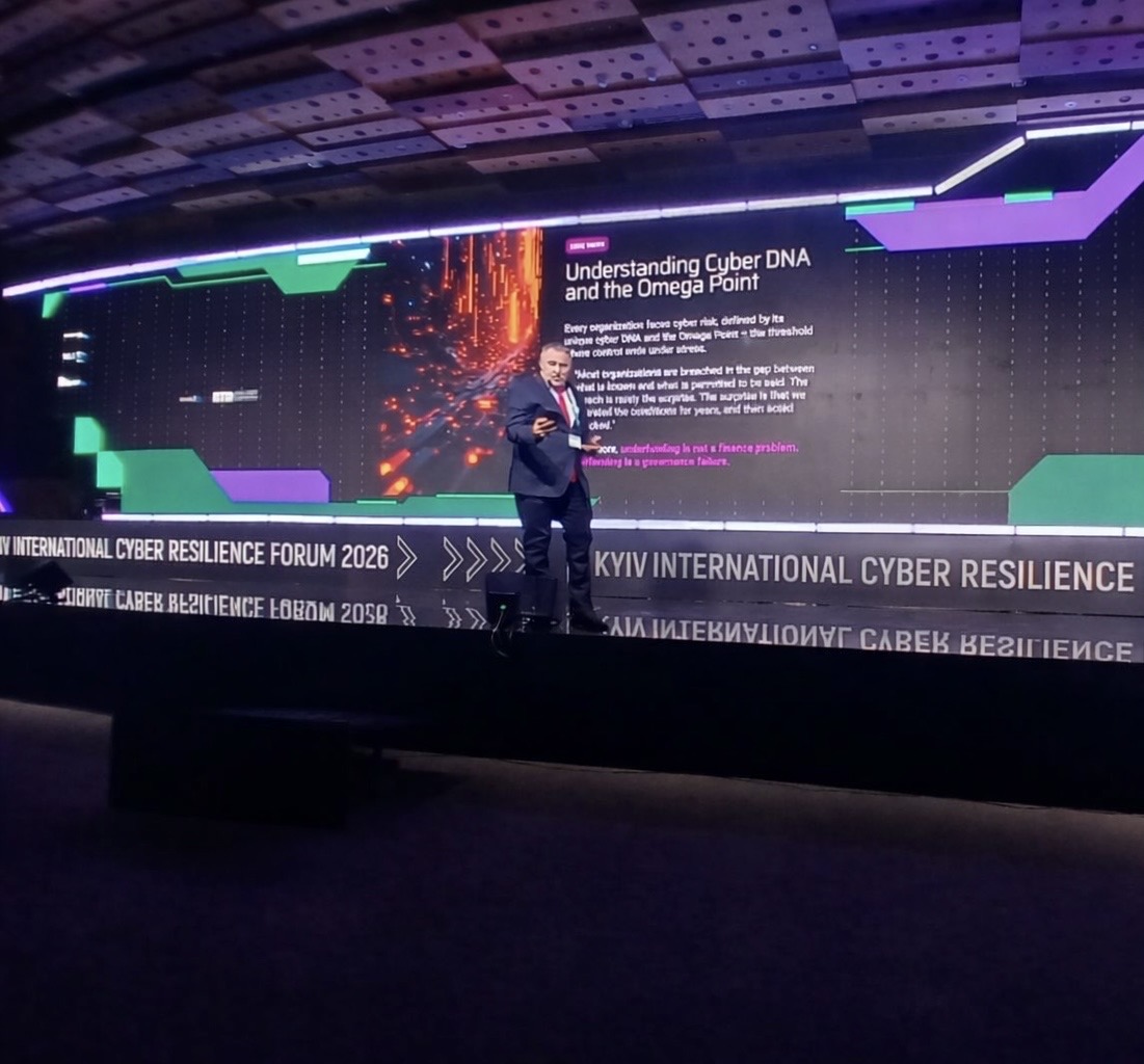 John Mackenzie speaking at the Kyiv International Cyber Resilience Forum 2026