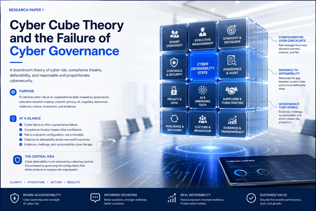 Abstract Cyber Cube governance model showing cyber risk as a dynamic organisational configuration.