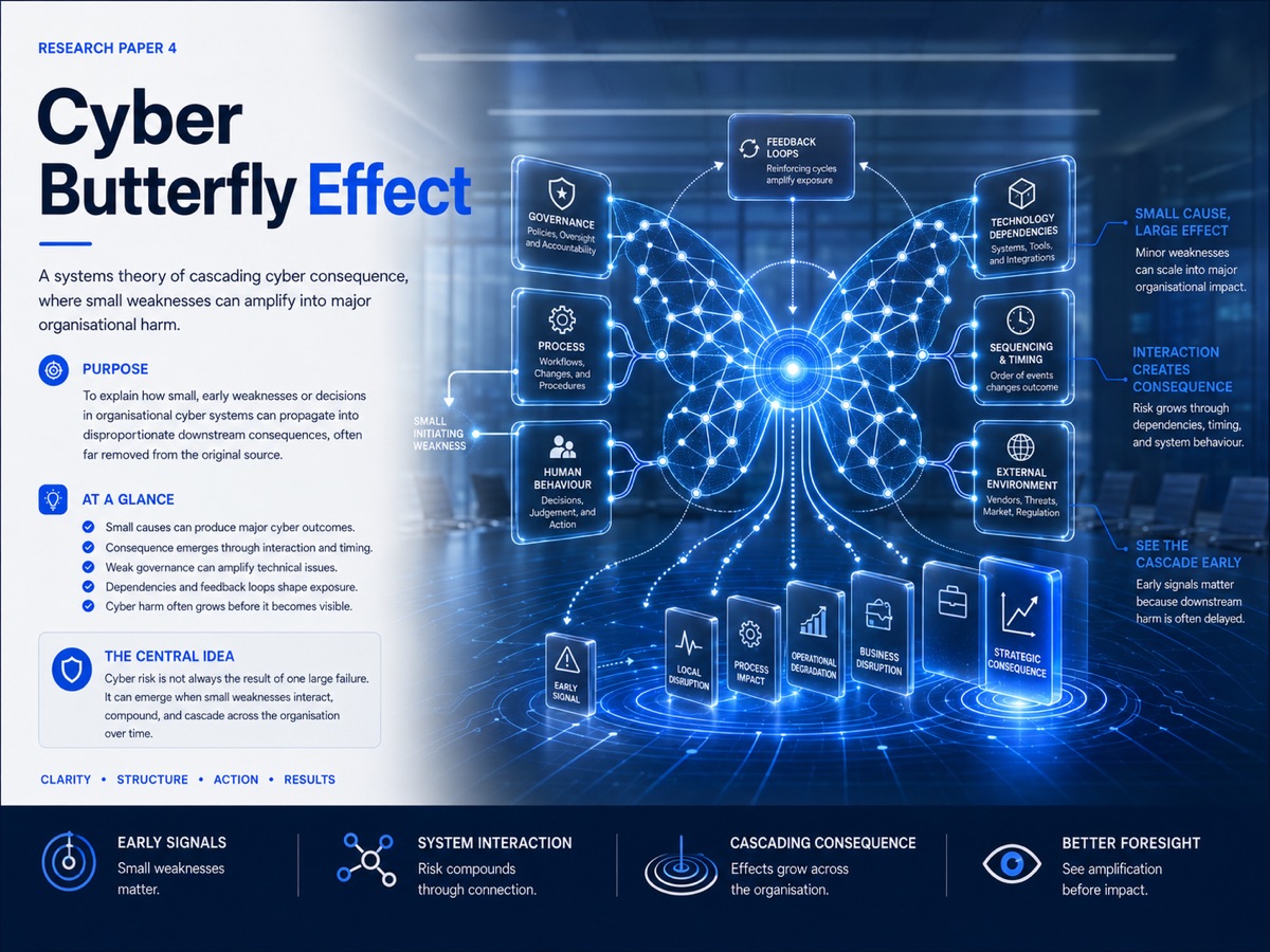 Cyber Butterfly Effect concept showing small tolerated cyber weakness propagating through organisational systems.